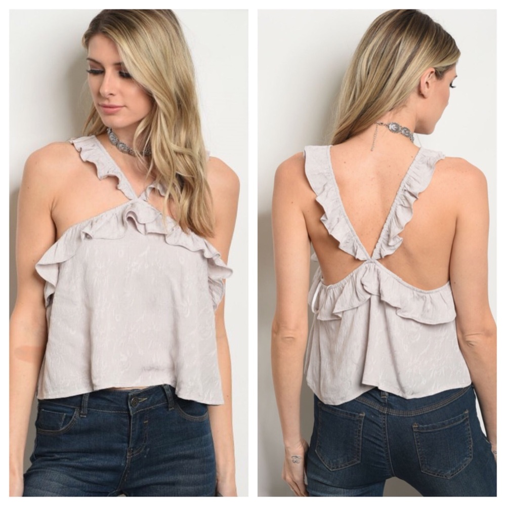 Honey Punch ruffle sleeve crop top gray silver S - Picture 2 of 6